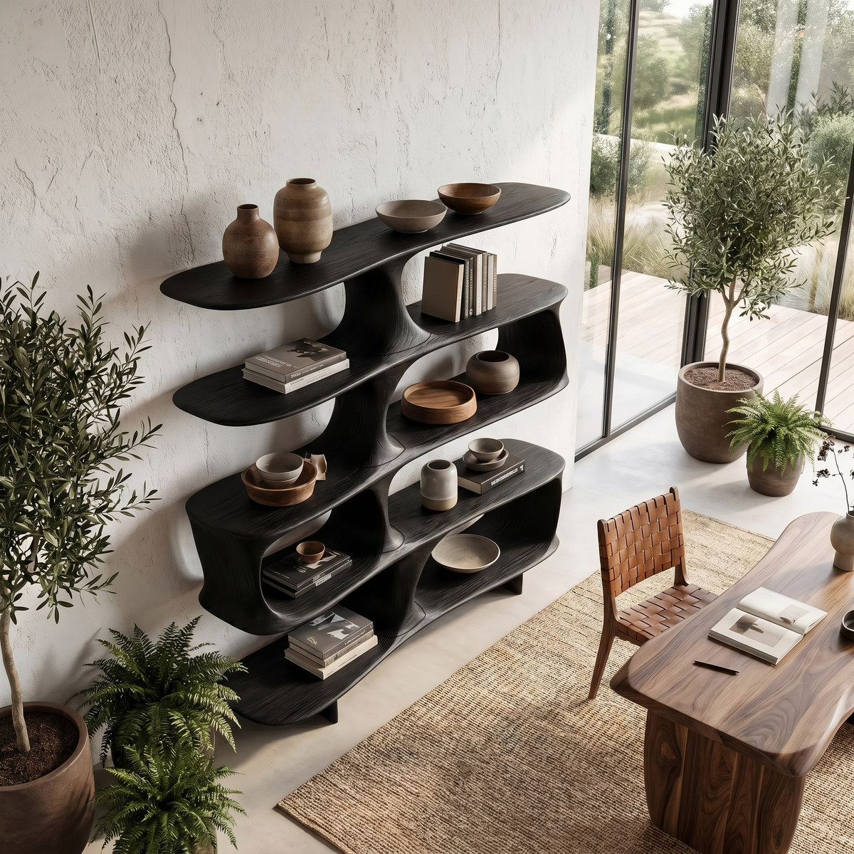 Organic Tree Bookshelf, Sculptural Curved Solid Wood Shelves for Living Room Open Display Storage