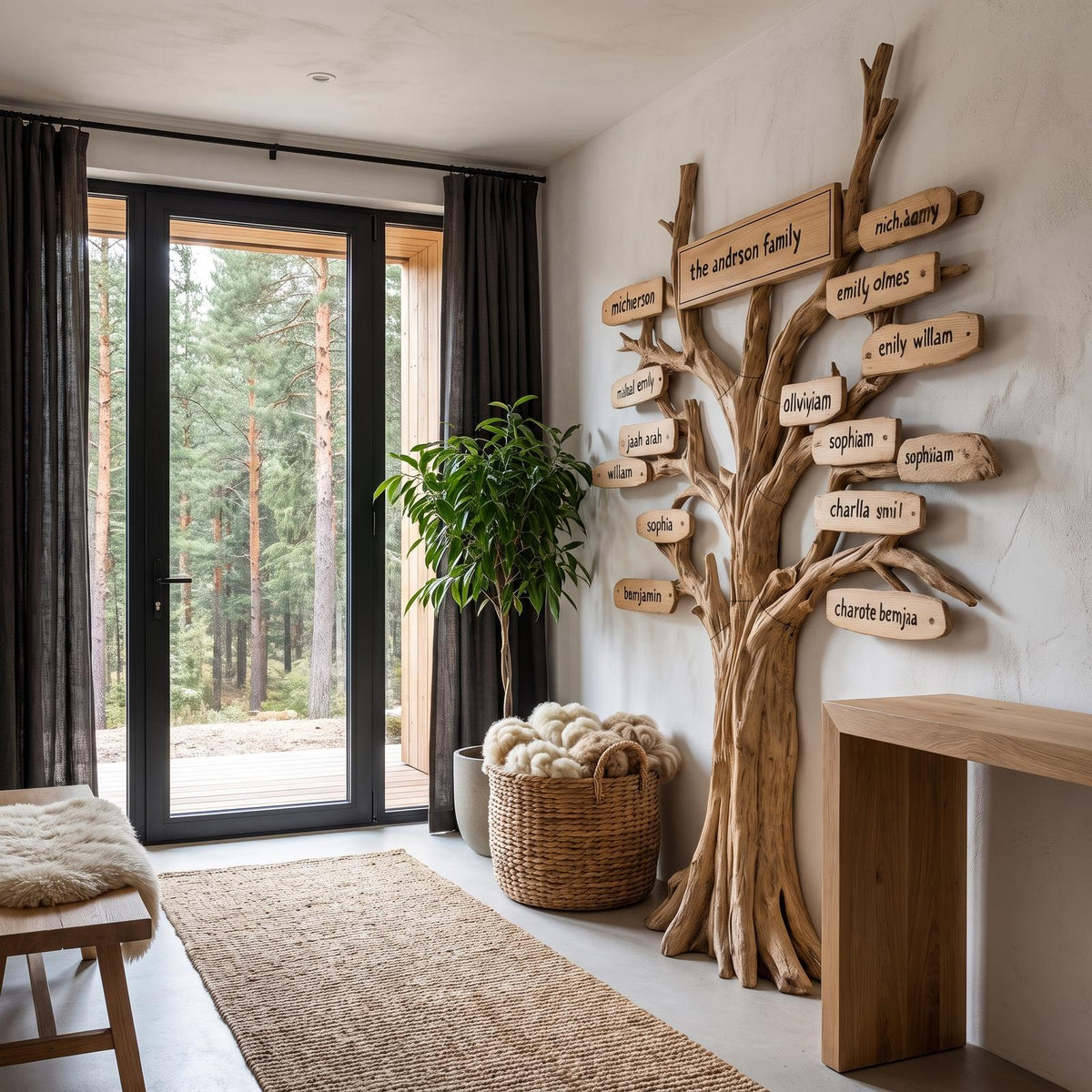 Contemporary Family Tree Wall Art With Custom Name Plaques For Entryway And Foyer