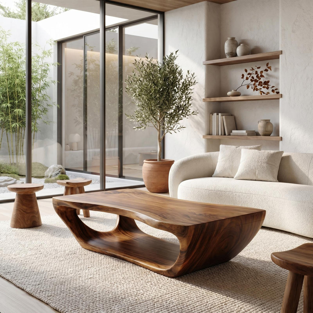 Wabi Sabi Solid Wood Coffee Table, Handcrafted Organic Wood Center Table for Rustic Living Room and Lounge