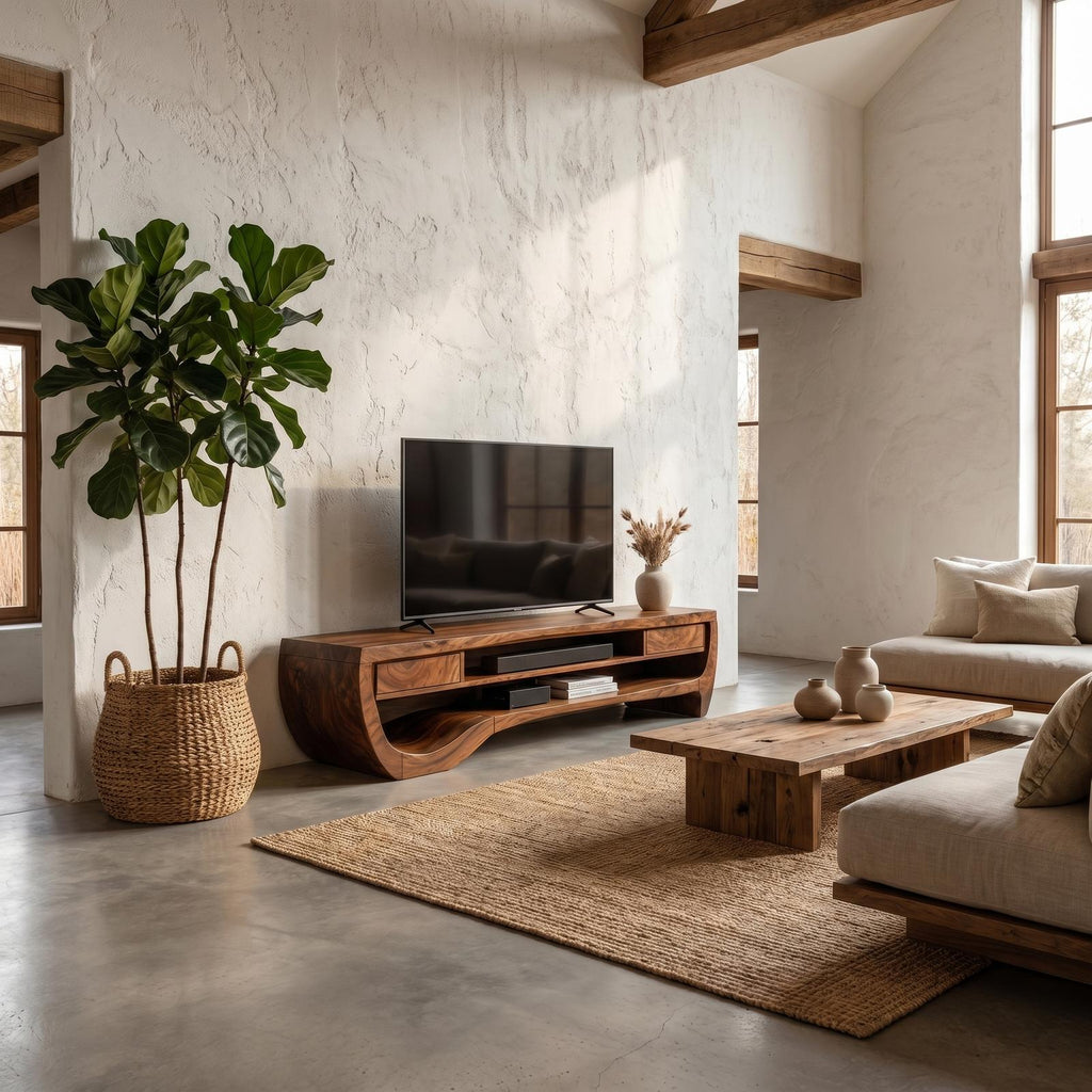 Organic TV Cabinet with Open Storage & Sculptural Curved Wood Design, Solid Wood Media Console TV Stand