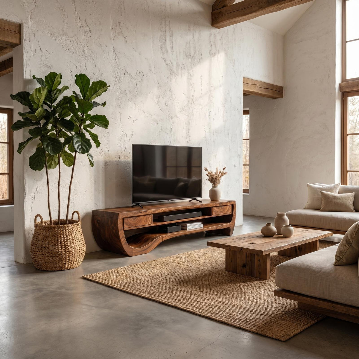 Organic TV Cabinet with Open Storage & Sculptural Curved Wood Design, Solid Wood Media Console TV Stand
