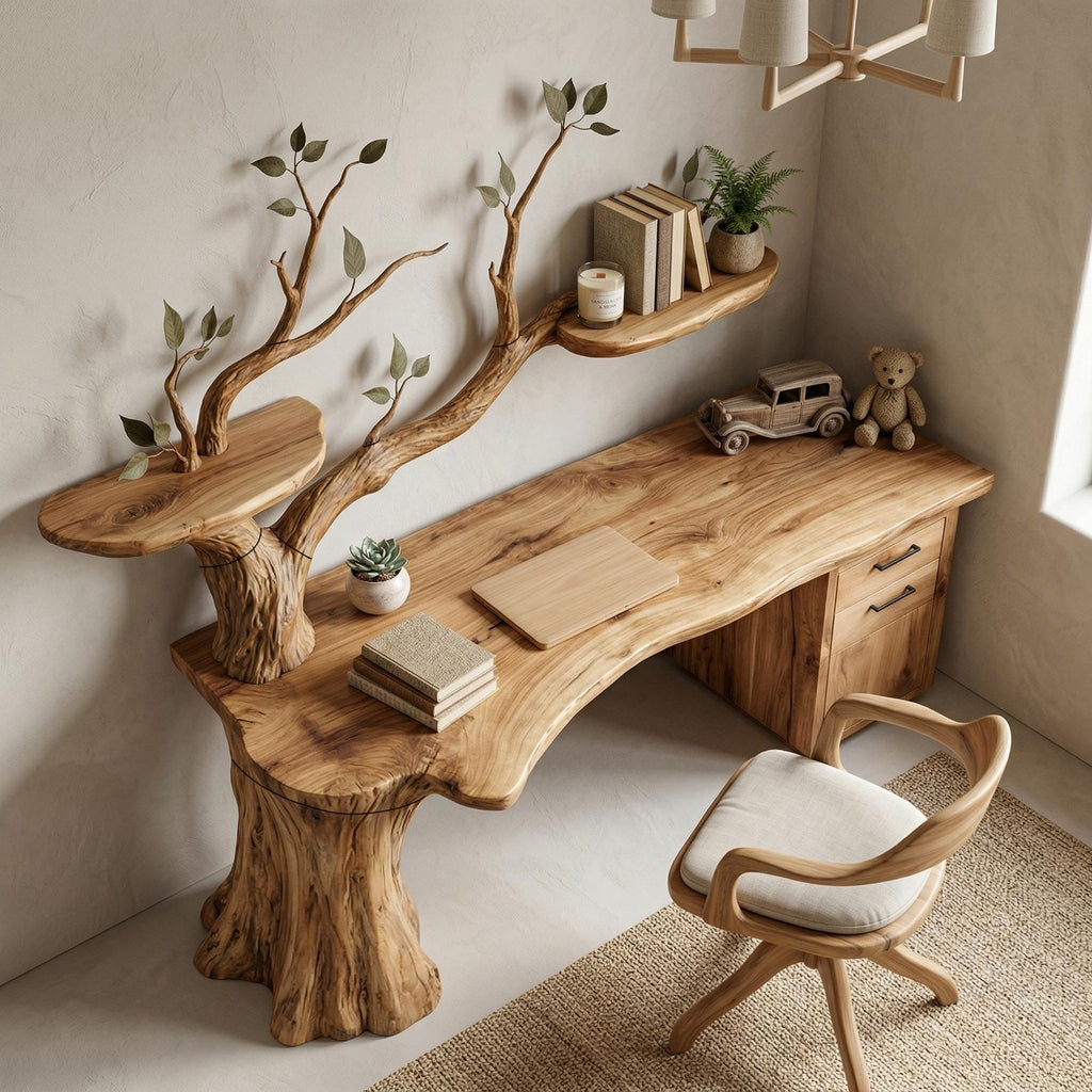 Sculptural Tree Desk With Floating Shelf Natural Branch Design Home Office And Workspace
