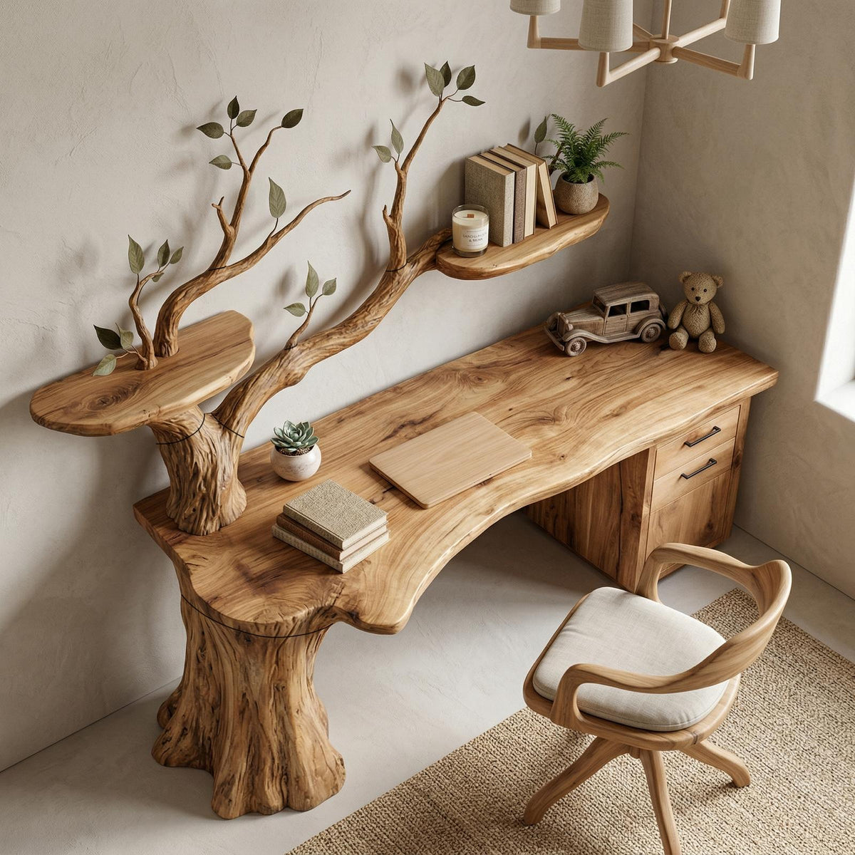 Sculptural Tree Desk With Floating Shelf Natural Branch Design Home Office And Workspace