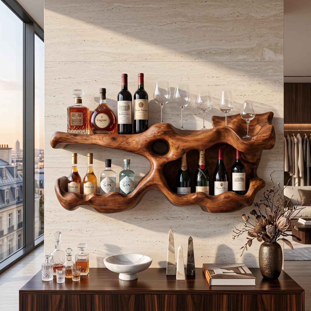 Farmhouse Wooden Wine Holder, Handcrafted Tabletop Wine Bottle Rack & Glass Display Organizer for Living Room Shelf