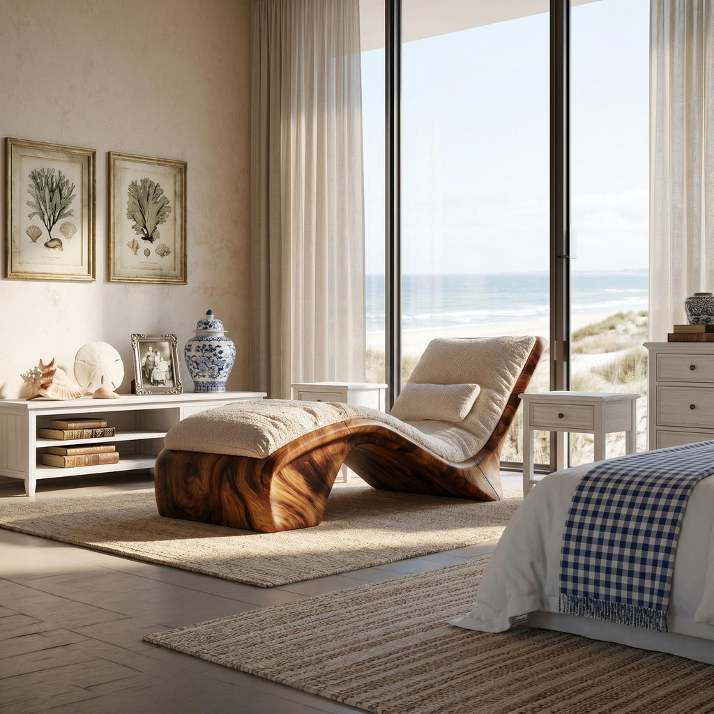 Spry Interior Sculptural Wood Chaise Lounge, Coastal Modern Daybed Recliner Sofa for Beachfront Living, SILDTTRDB003