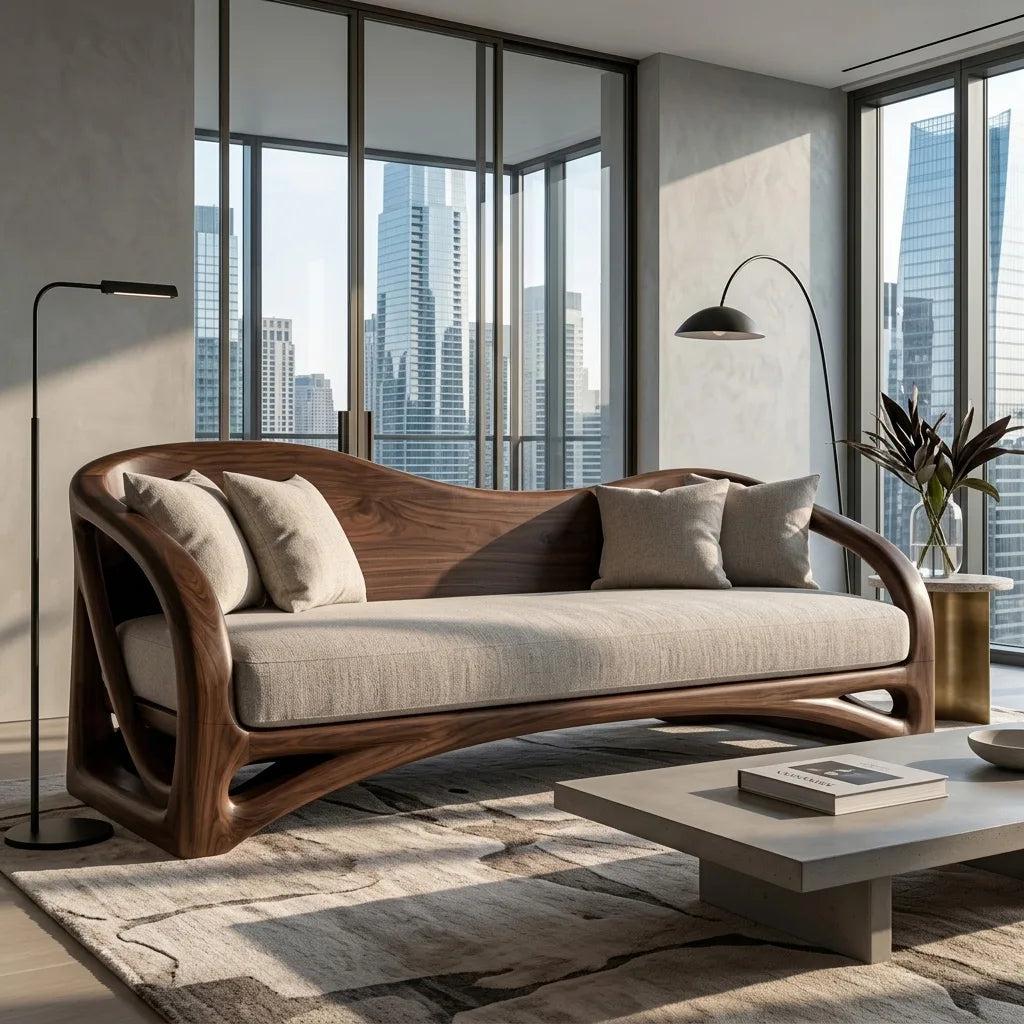 Organic Wooden Sofa With Sculptural Curved Frame For Living Room