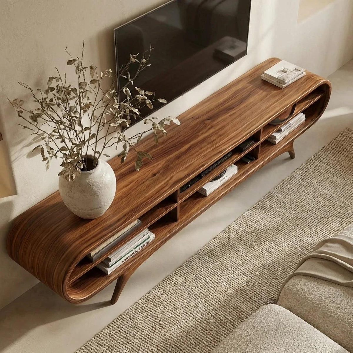 Spry Interior Scandinavian Natural Wood TV Cabinet, Handcrafted Mid-Century Modern Media Console & Entertainment Center Board, RTTHHNTVC094