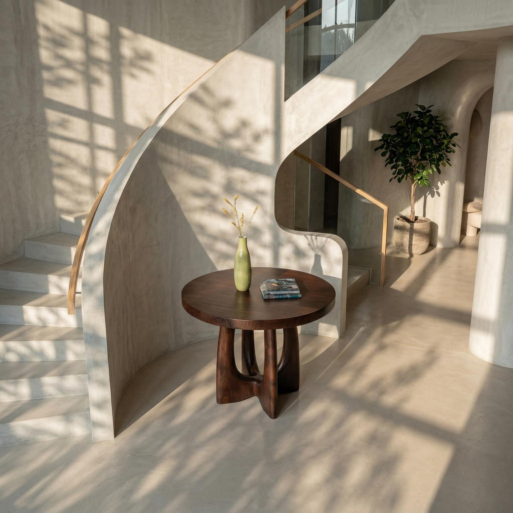 Round Entryway Center Table, Solid Wood Pedestal Foyer Table for Staircase, Hallway & Living Room