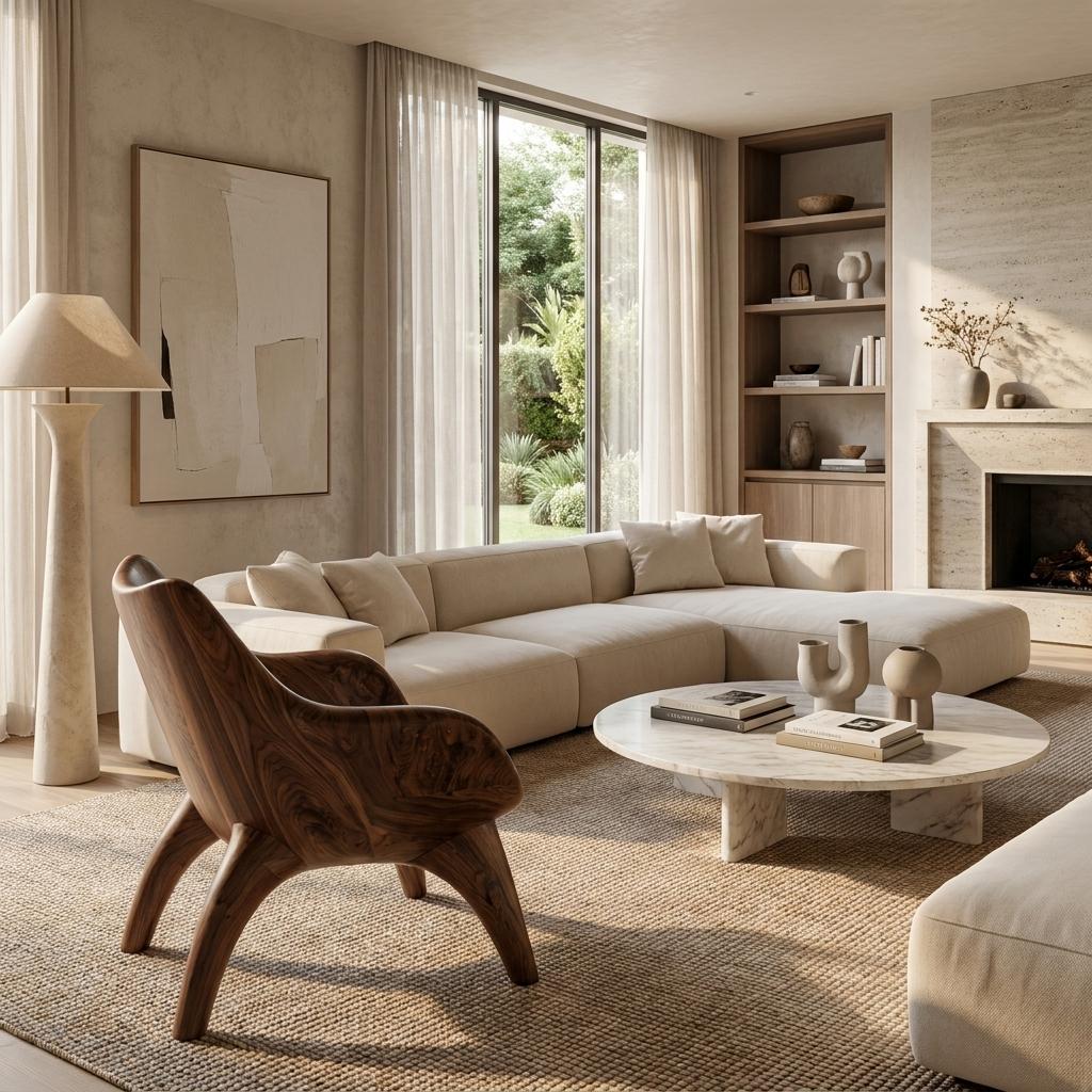 Modern Sculptural Lounge Chair, Handcrafted Wood Accent Armchair with Artistic Curved Frame for Living Room
