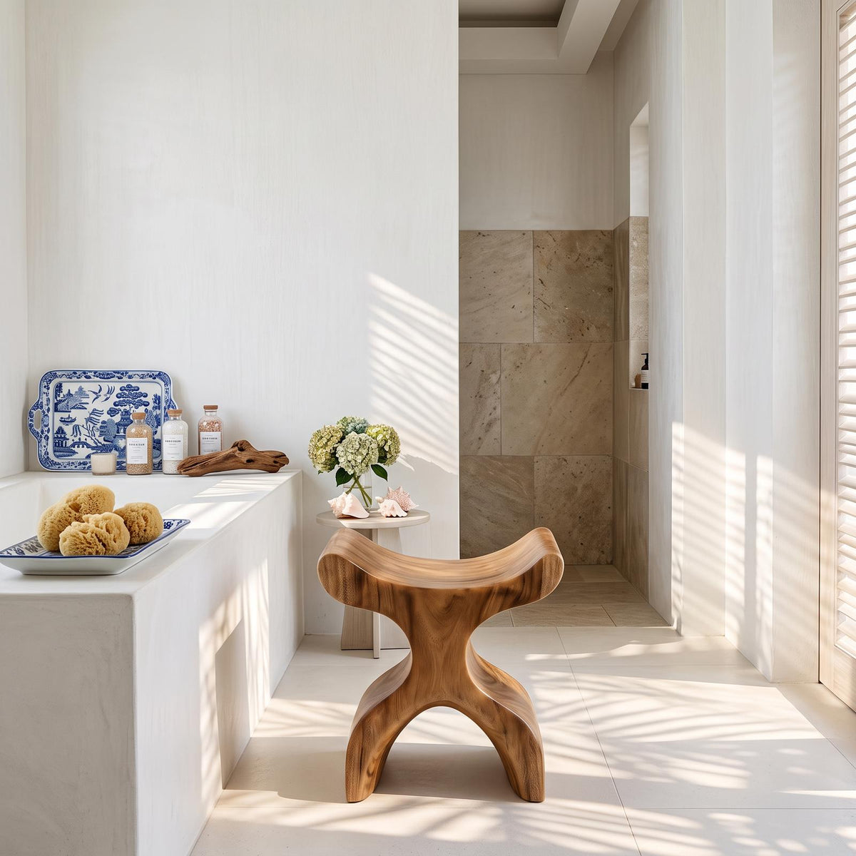 Mid Century Solid Wood Bath Seat, Handcrafted Shower Bench & Spa Stool for Modern Bathroom Furniture Decor