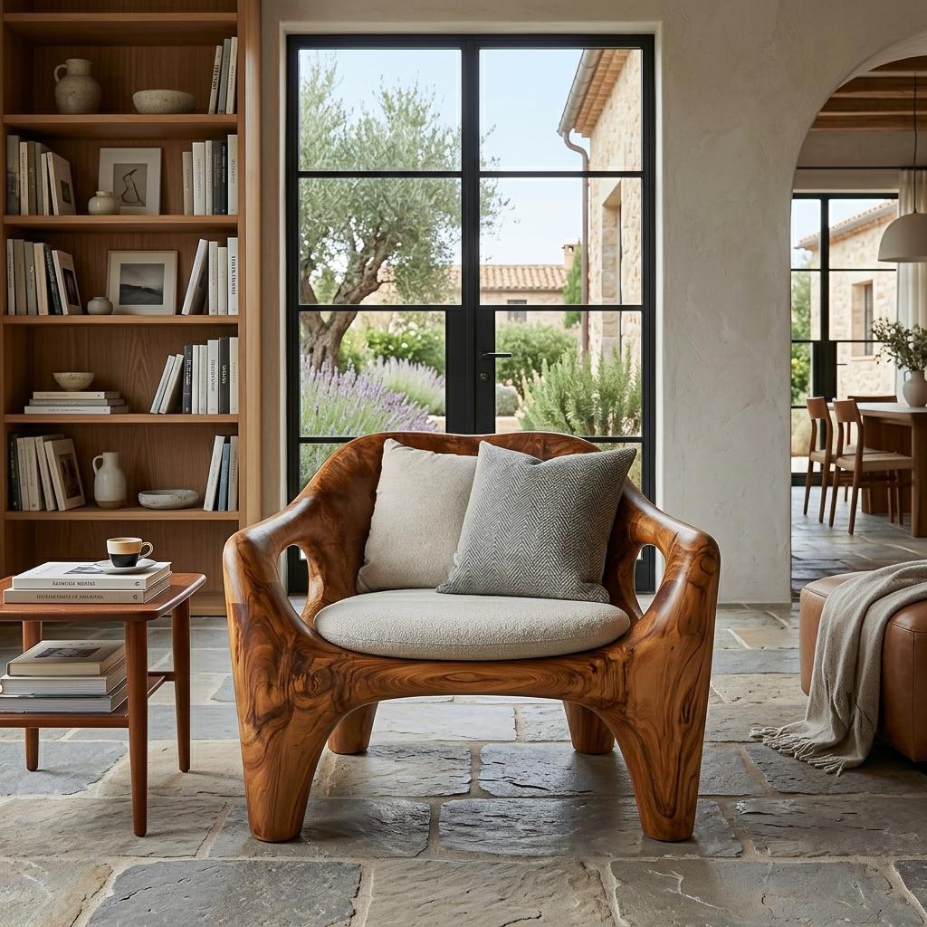 Modern Sculptural Natural Wood Accent Chair, Handcrafted Solid Wood Lounge Armchair for Living Room & Office