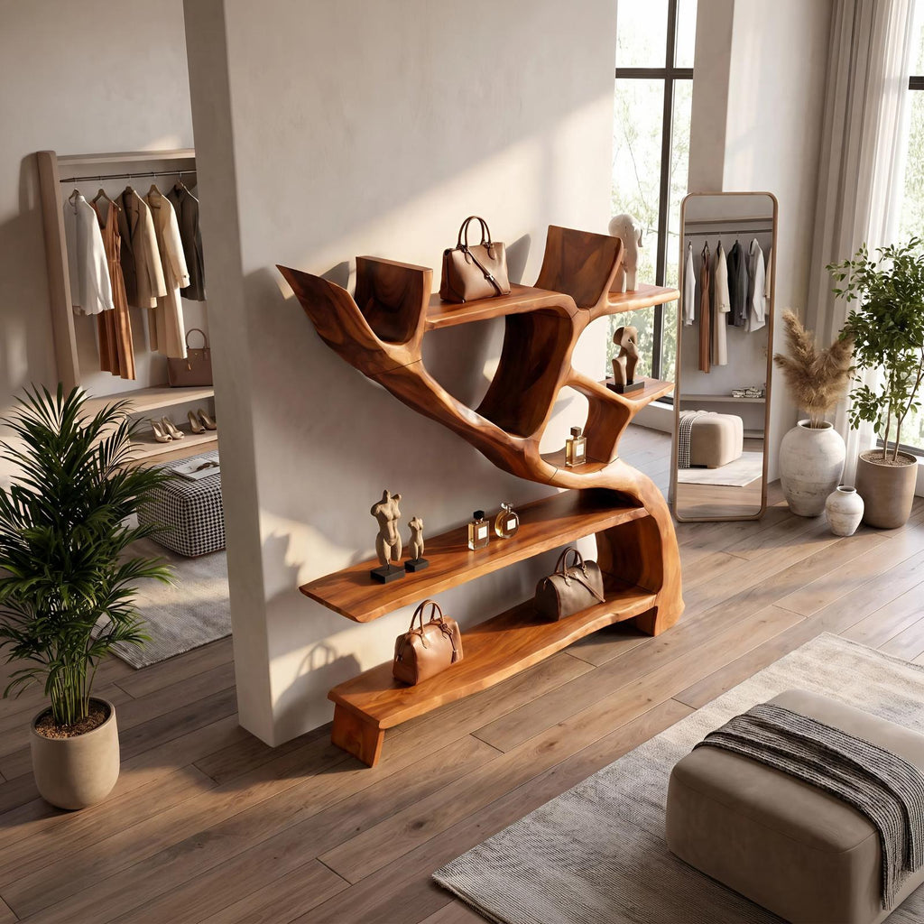 Scandinavian Artistic Wood Bookshelf, Handcrafted Modernist Multi-Tier Storage Cabinet Organizer for Study Office