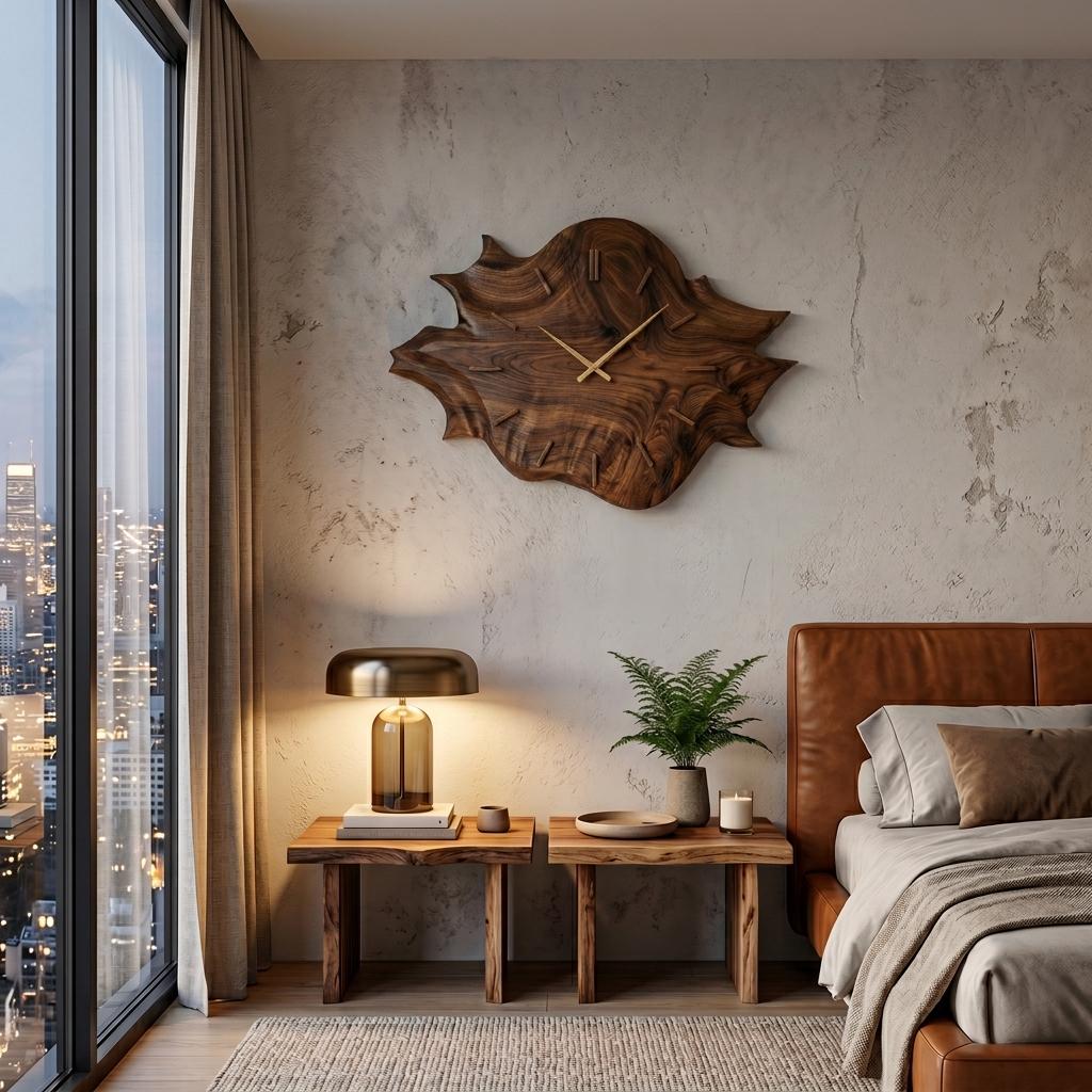 Artistic Wooden Wall Clock, Modern Abstract Carved Wood Clock for Apartment Living Room & Bedroom Wall Decor