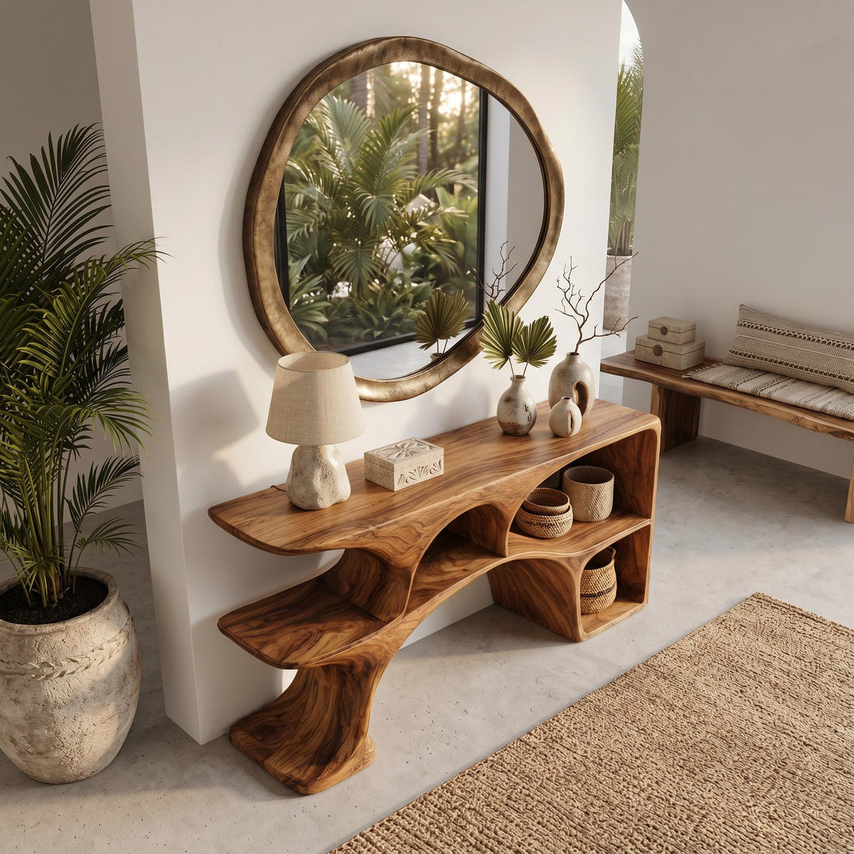 Modern Wooden Console Table With Sculptural Open Shelves For Living