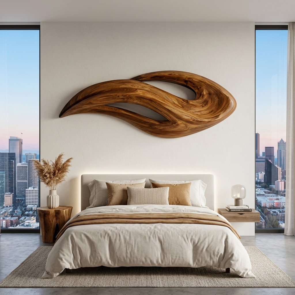 Contemporary Wood Wall Art, Unique Hand-Carved Abstract 3D Wave Wood Sculpture Panel for Living Room