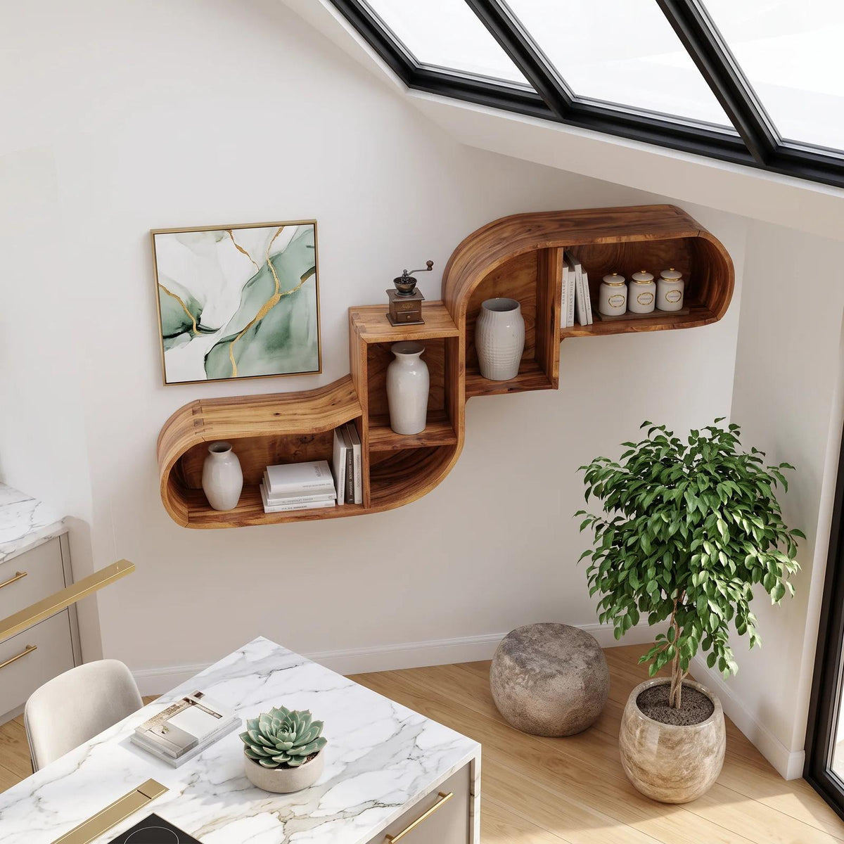 Mid Century Curved Wood Shelves for Home Bar