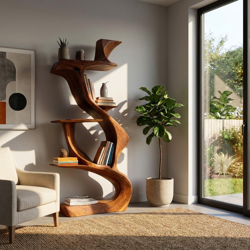 Sculptural Natural Wood Bookshelf, Handcrafted Solid Wood Standing Bookcase for Luxury Living Room & Home Decor
