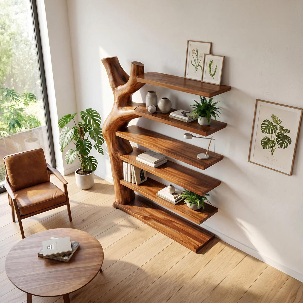 Modern Artistic Bookshelf, Unique Wood Display Organizer Unit, Books & Decorative Shelving for Living Room Office