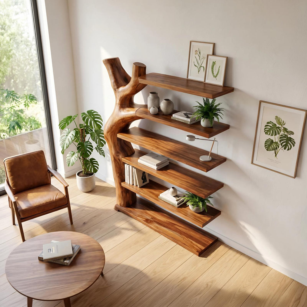 Modern Artistic Bookshelf, Unique Wood Display Organizer Unit, Books & Decorative Shelving for Living Room Office