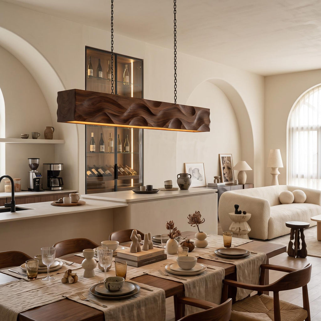 Modern Pendant Lighting with Carved Wave Wood Design, Handcrafted Hanging Ceiling Light for Dining Room & Island