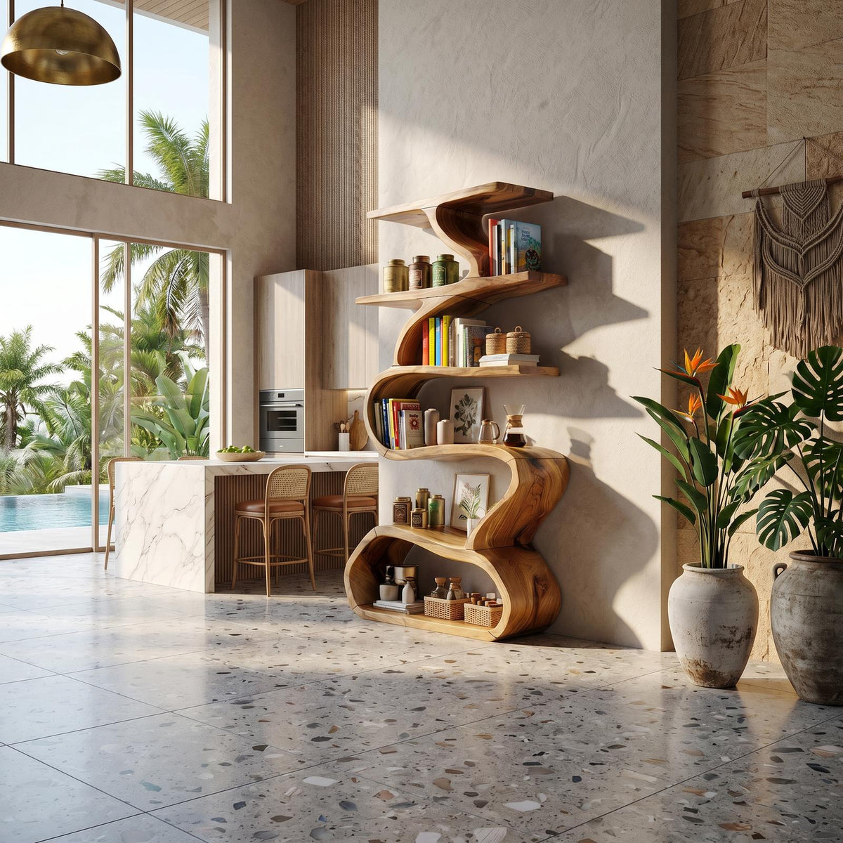 Organic Wooden Wall Bookshelf With Flowing Curves