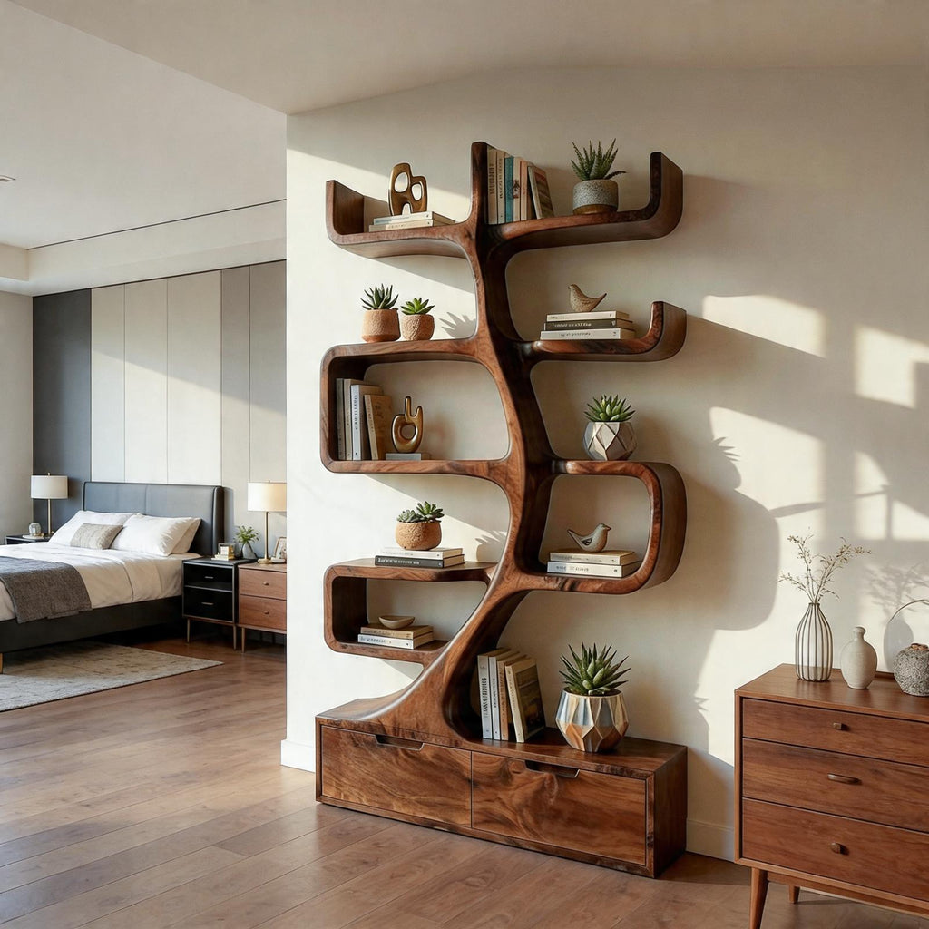Wooden Bookcase With Tiers And Built-in Drawers For Home