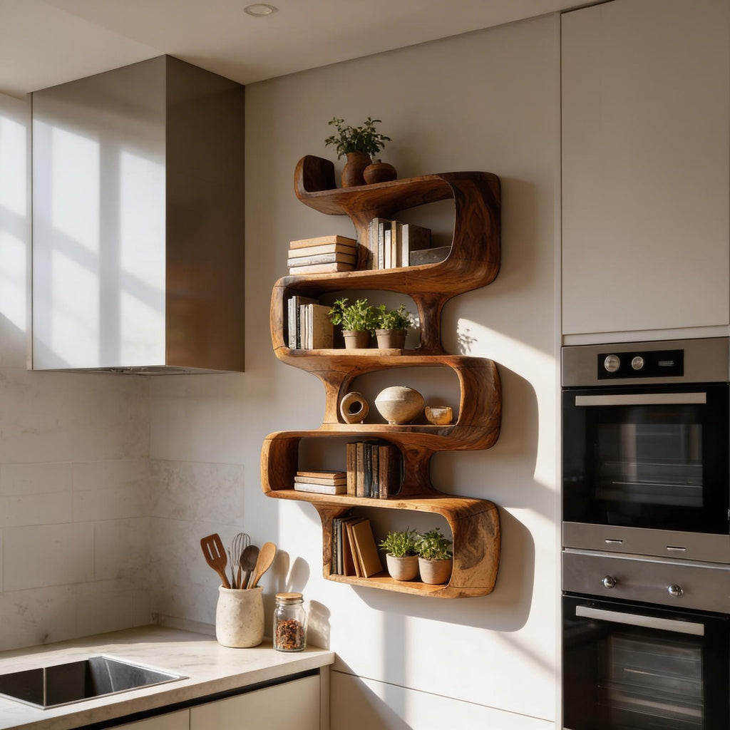 Mid-Century Modern Abstract Bookshelf, Geometric Wooden Bookcase Display Cabinet for Dining Room