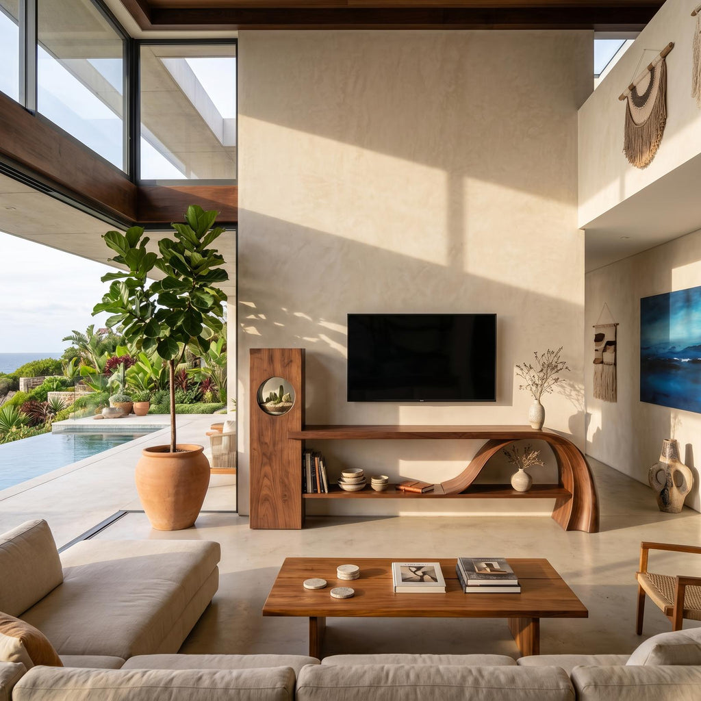 Minimalist Organic TV Stand, Wooden Media Console Cabinet & Living Room Entertainment Center