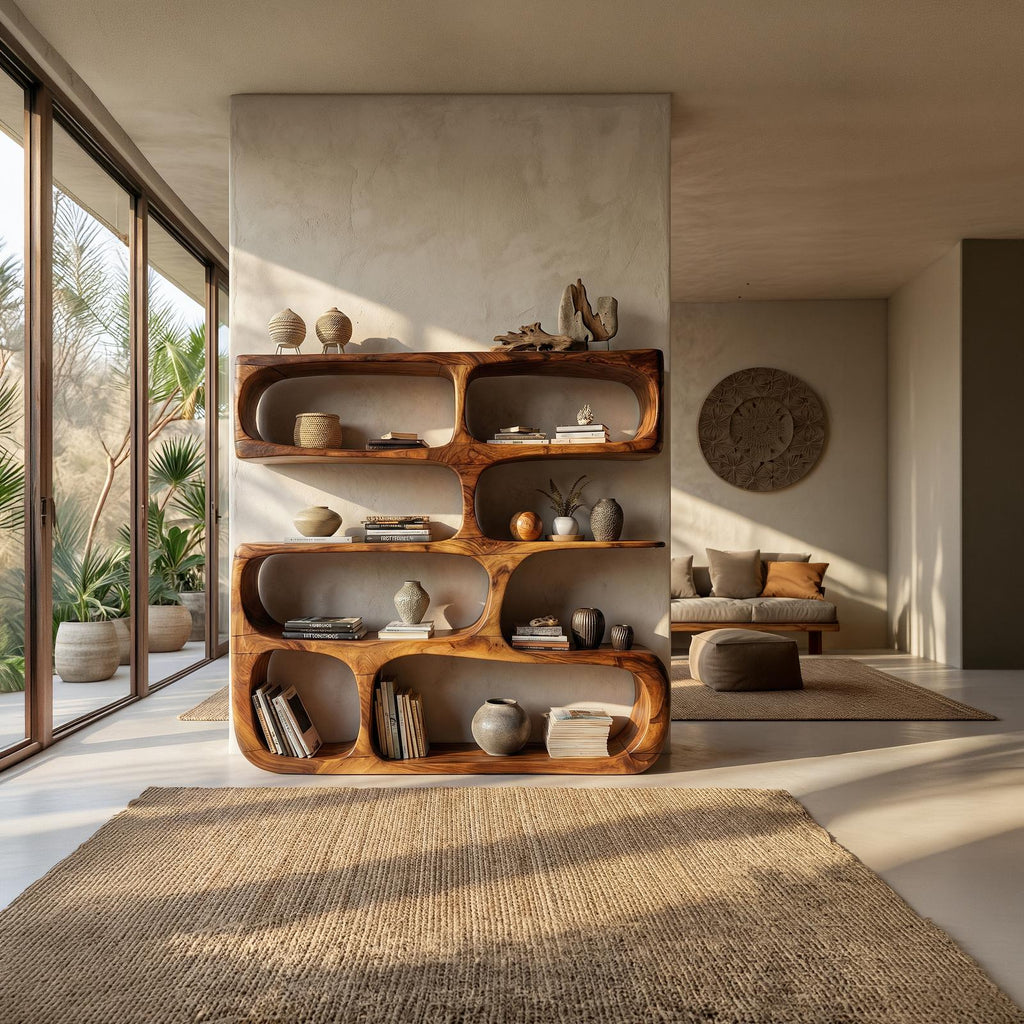 Minimalist Modern Sculptural Bookshelf, Abstract Wood Bookcase Display Stand for Living Room Art