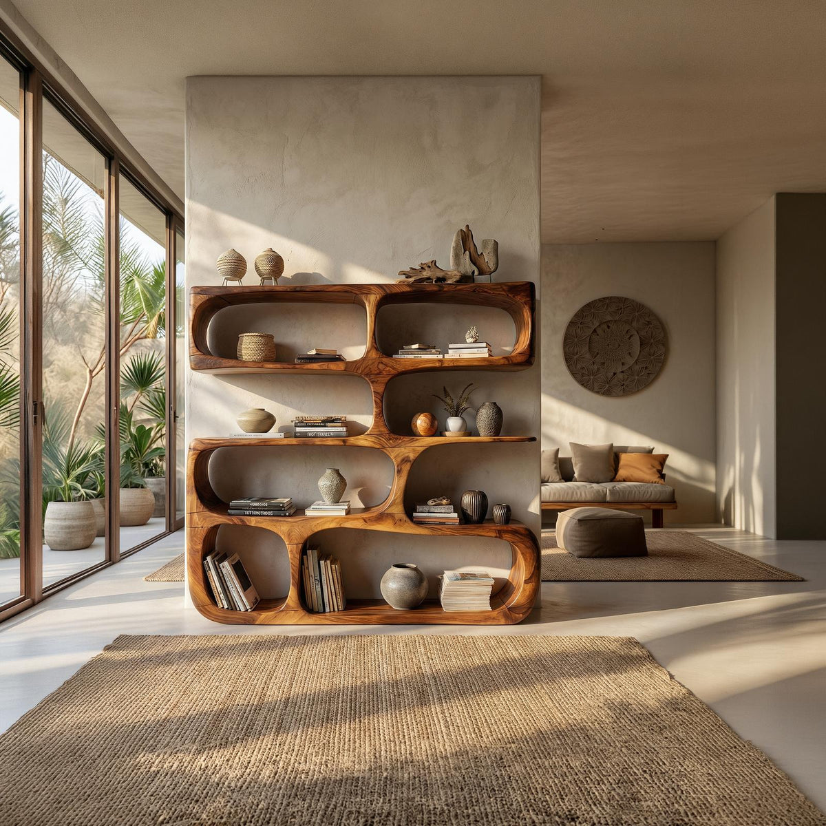 Minimalist Modern Sculptural Bookshelf, Abstract Wood Bookcase Display Stand for Living Room Art