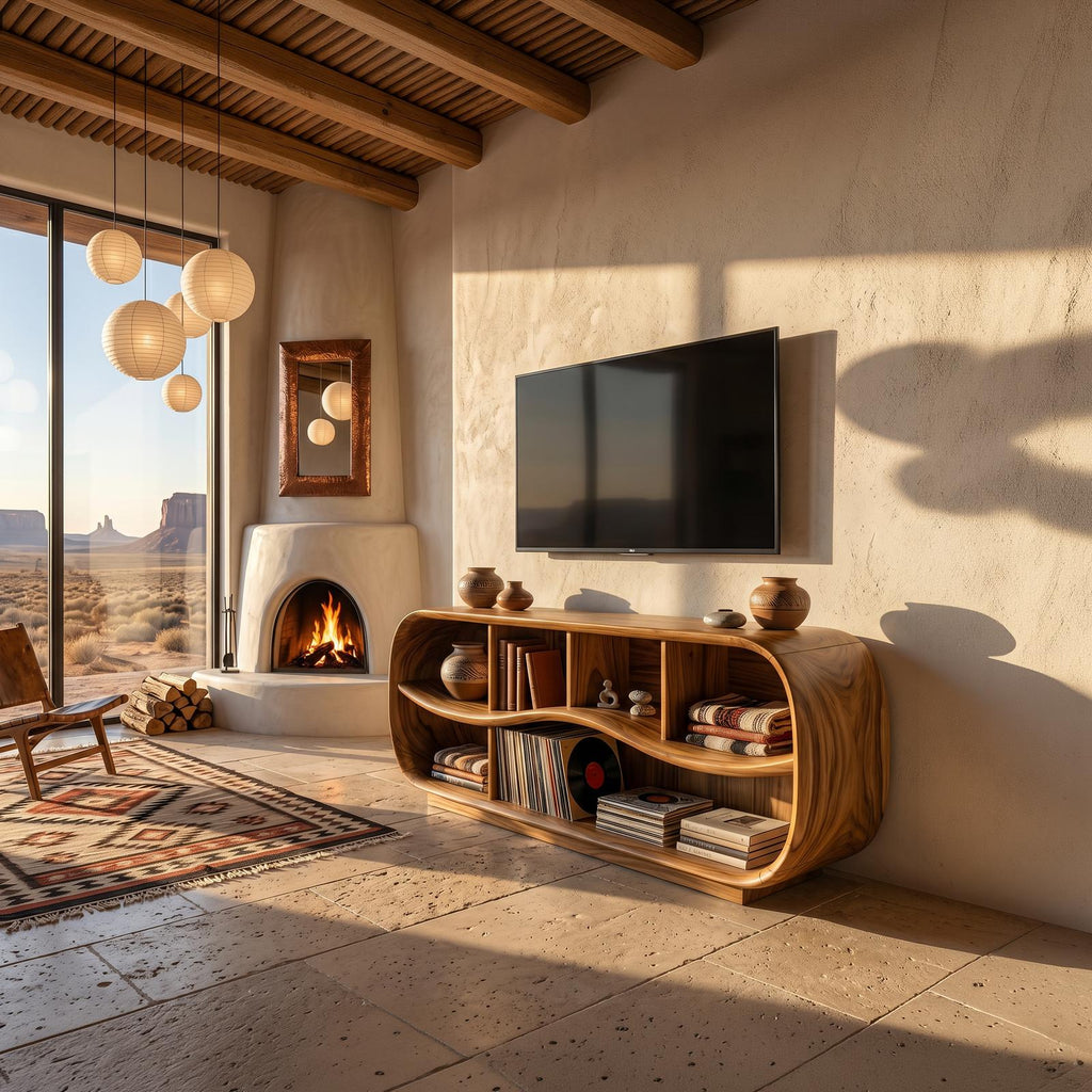 Contemporary Rounded TV Console, Modern Wooden Media Cabinet & Living Room Sideboard