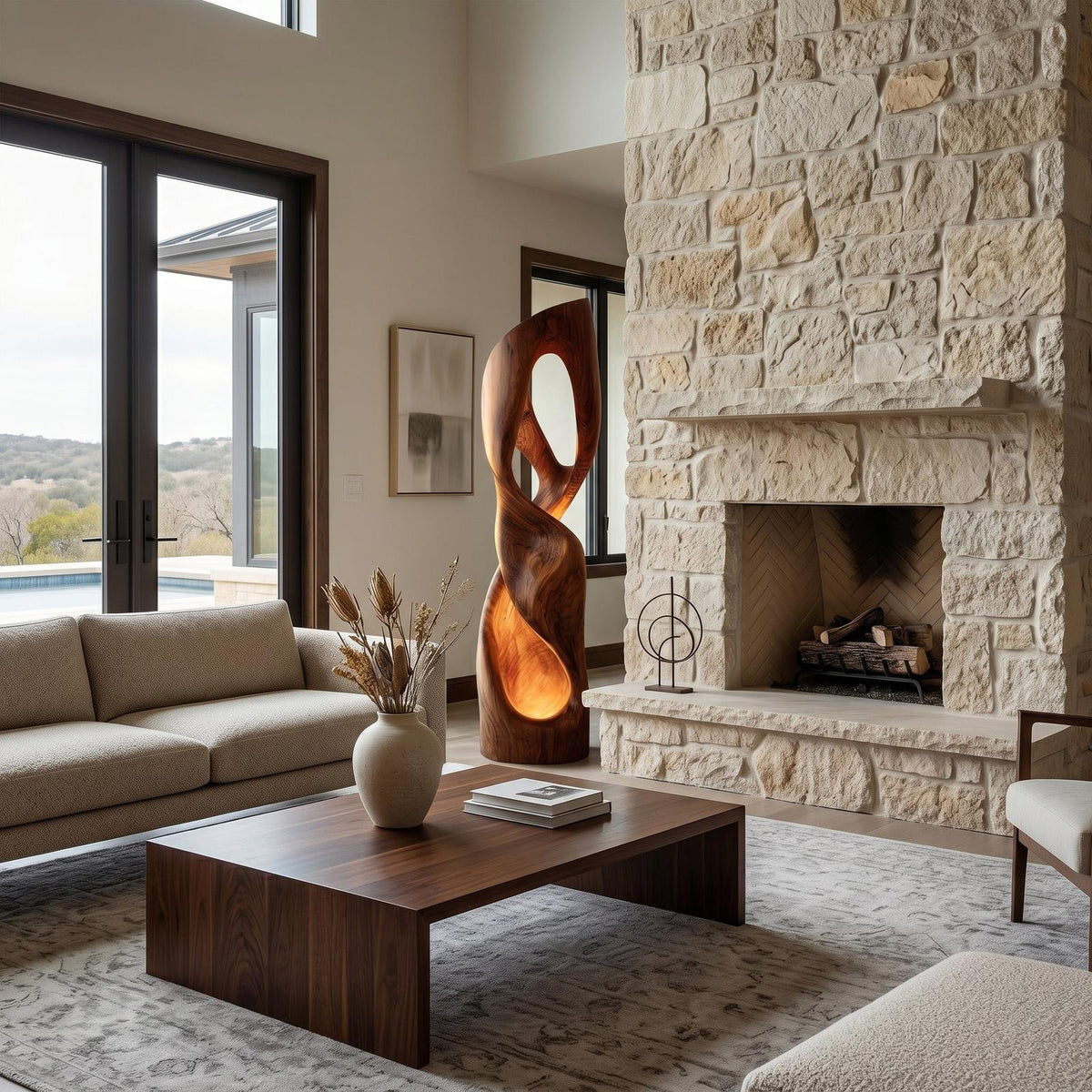 Modern Carved Wooden Floor Lamp For Living Room