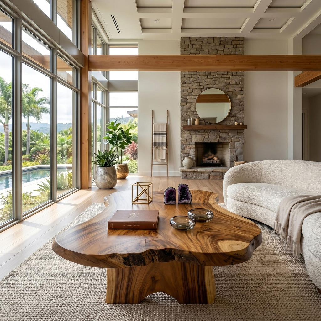 Rustic Live Edge Solid Wood Coffee Table, Natural Wood Slab Center Table for Cabin Fireplace Room and Living Room