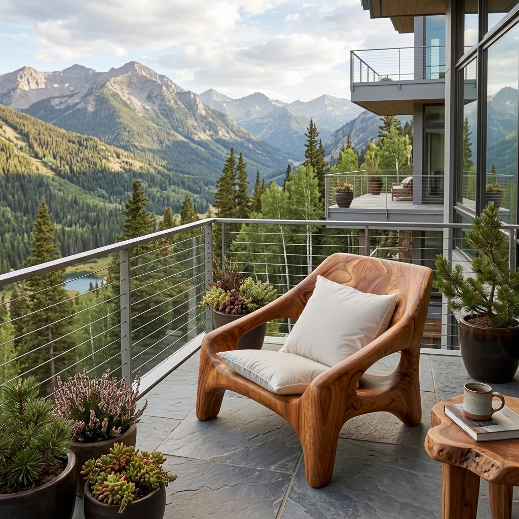 Contemporary Sculptural Wooden Chair, Handcrafted Solid Wood Outdoor Patio & Front Porch Accent Armchair