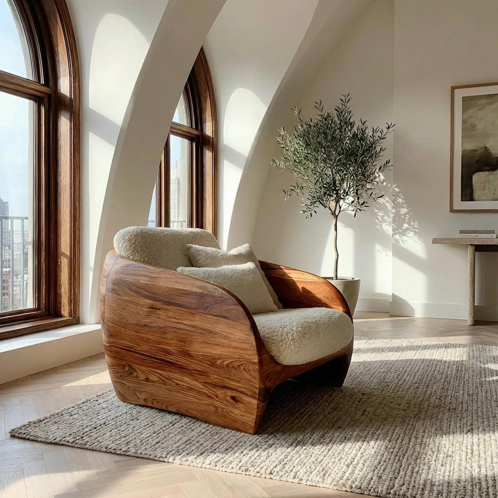 Modern Organic Natural Wood Chair, Ergonomic Handcrafted Solid Wood Accent Lounge Chair for Cozy Living Room, Model