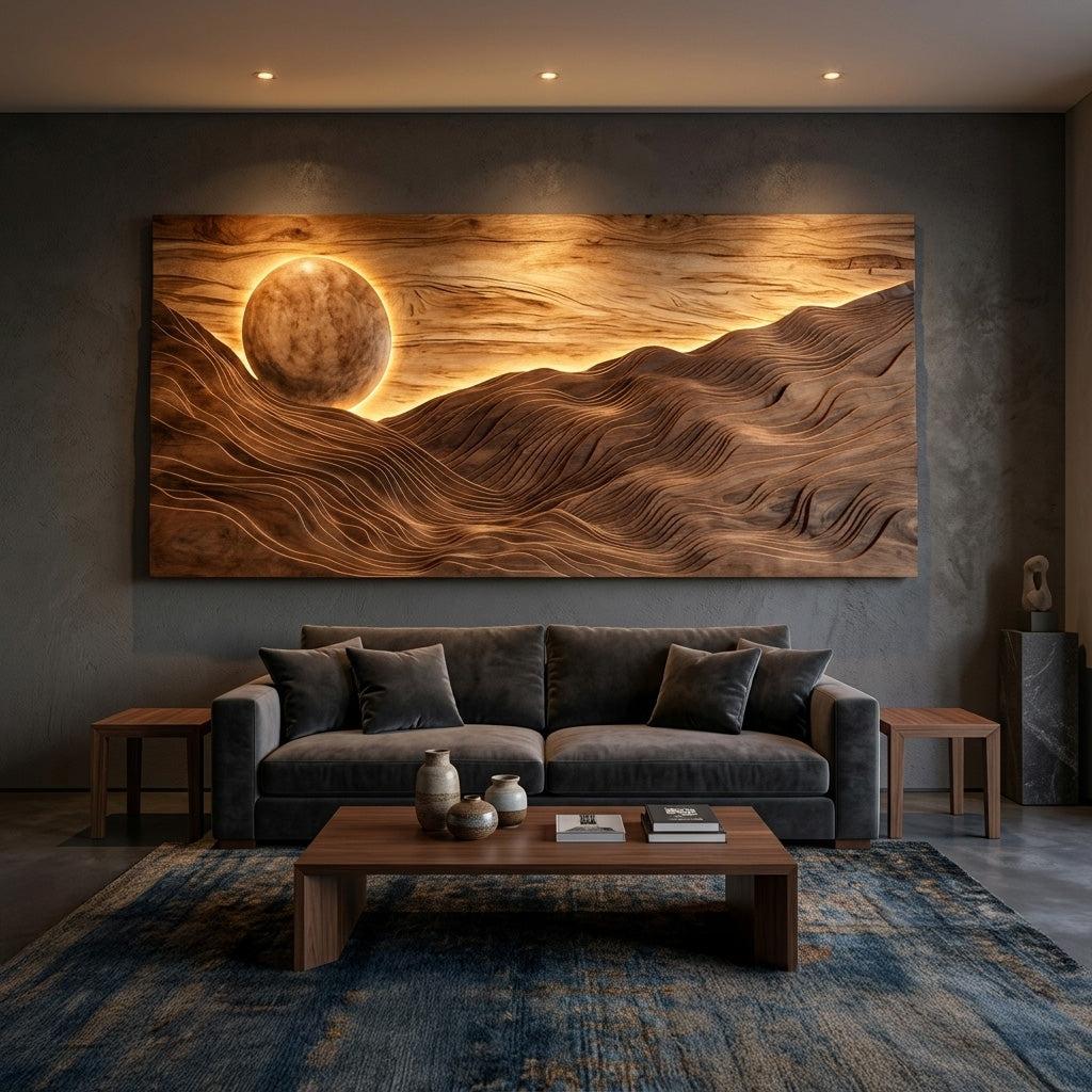Large Sun Over Mountains Wooden Wall Art, Rustic Sunset Landscape 3D Wood Sculpture Panel for Home