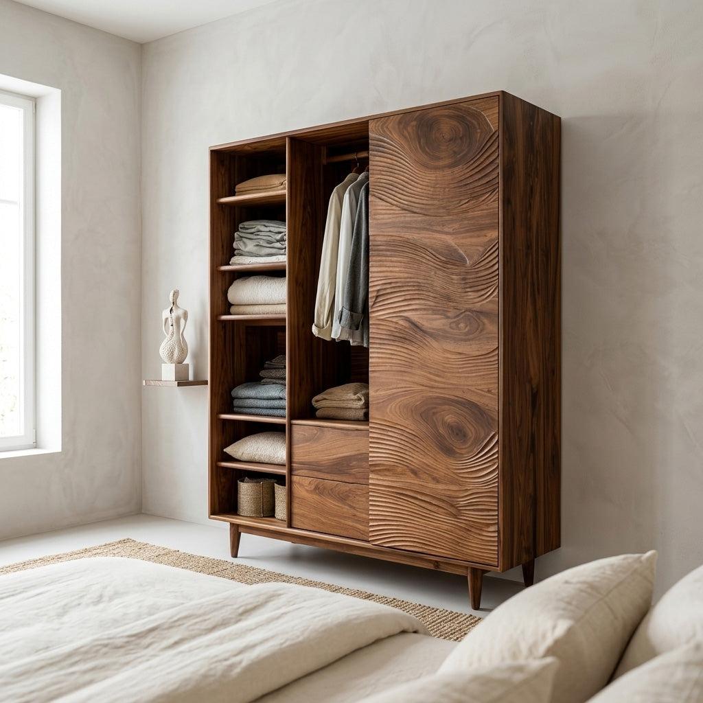 Minimal Wardrobe With Carved Front For Bedroom Space