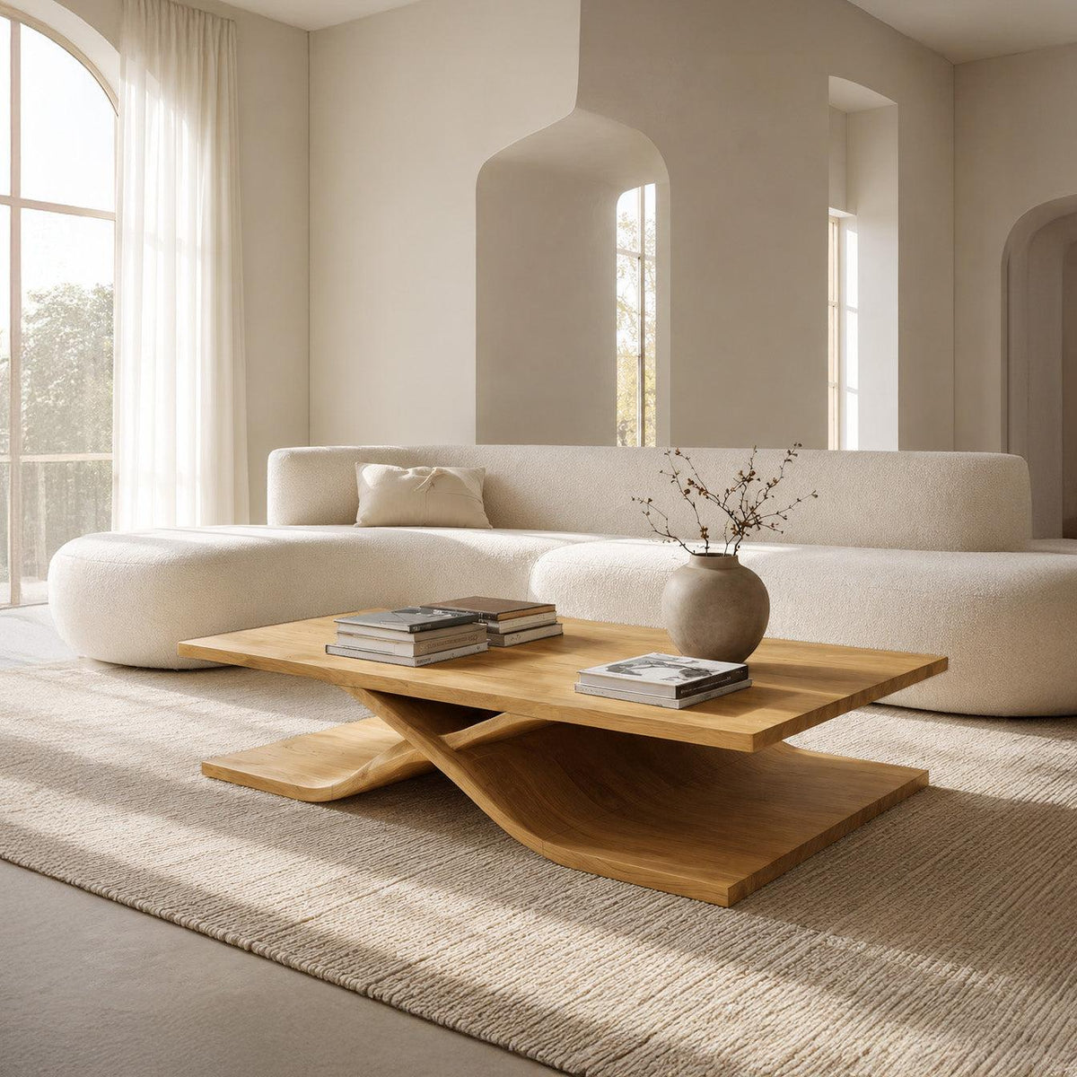 Spry Interior Modern Wooden Coffee Table, Curved Layered Tiered Design Center Table for Living Room, Model RTTHHNCF056
