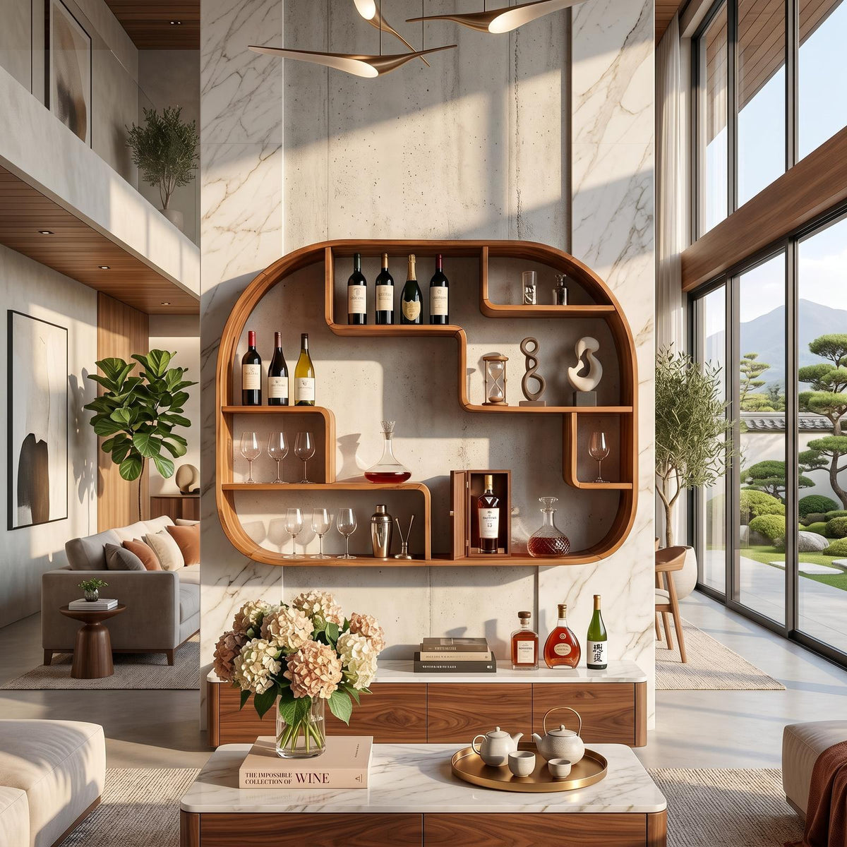 Boho Wall Mounted Wine Holder, Handcrafted Floating Wood Bottle Rack & Accent Storage Feature for Dining Space