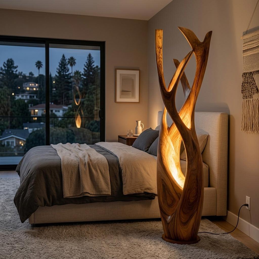 Wooden Floor Lamp, Modern Minimalist Solid Wood Standing Light with Shade for Contemporary Apartment, Model