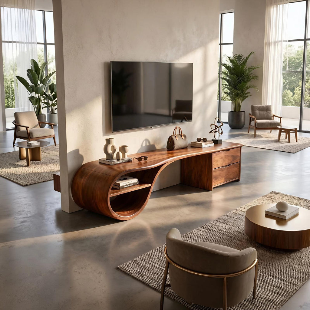 Scandinavian Organic Wood TV Console, Modern TV Stand and Entertainment Center Cabinet for Living Room