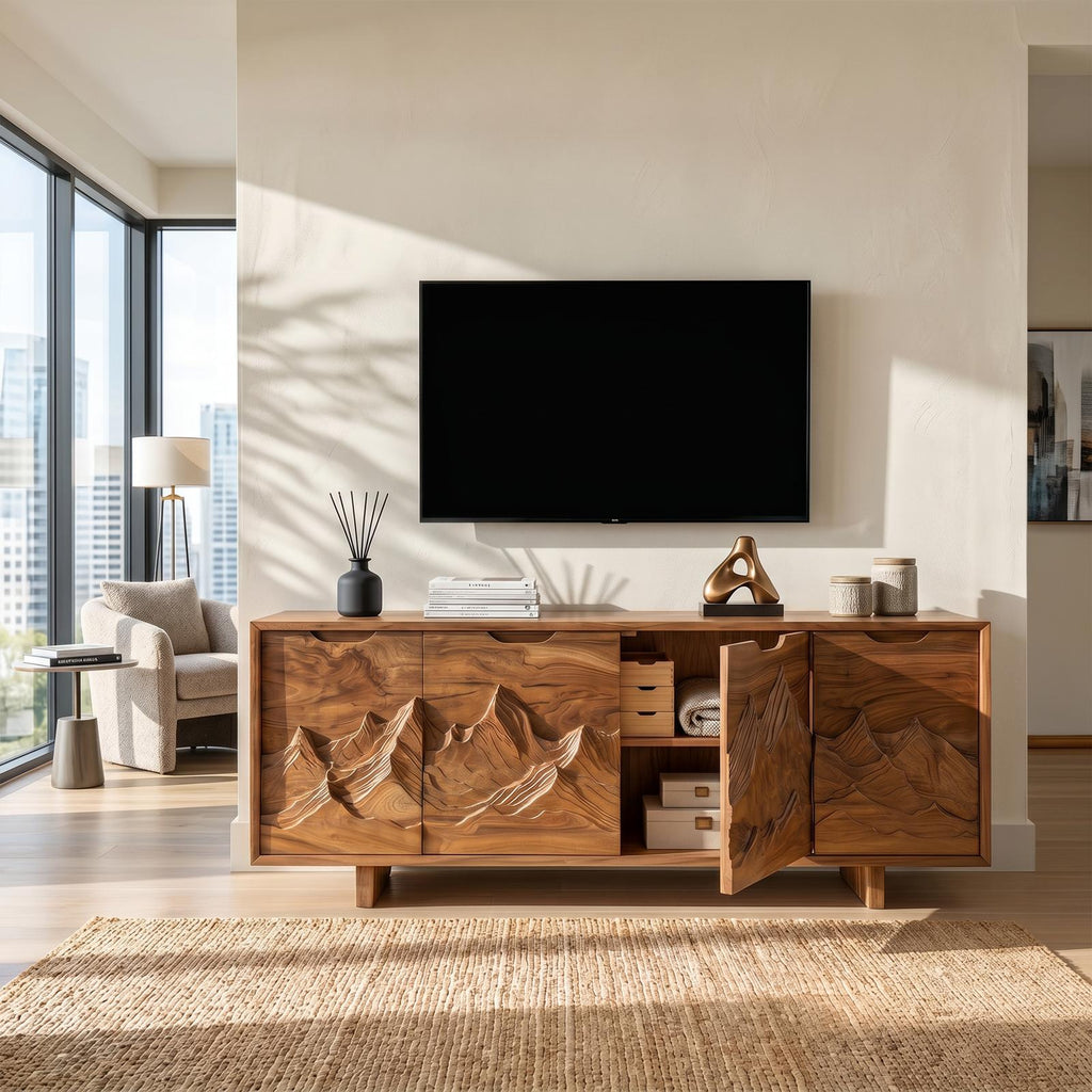 Mountain Carved Wood Media Console Table, Handcrafted Rustic 3D Forest TV Stand for Cabin Living Room Decor
