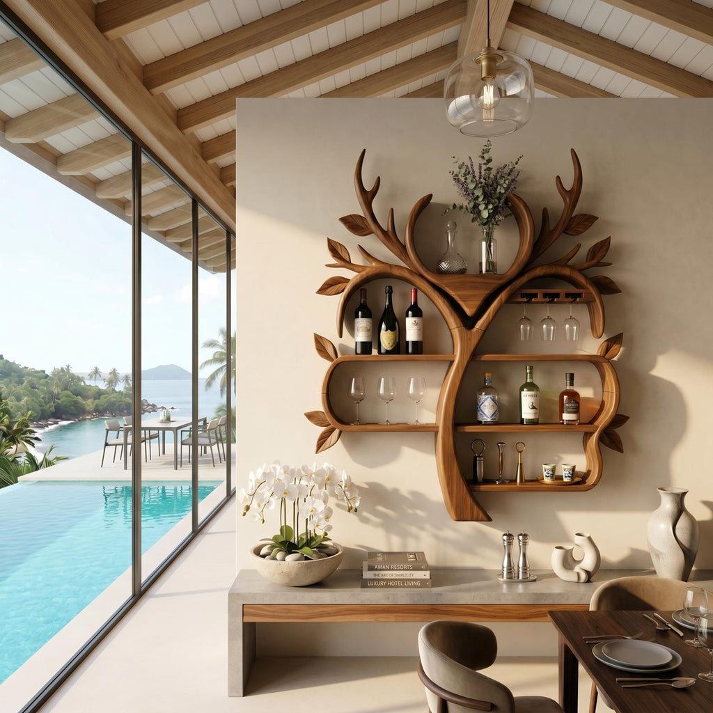 Resort Style Tree Inspired Wine Bar Shelf For Living Room
