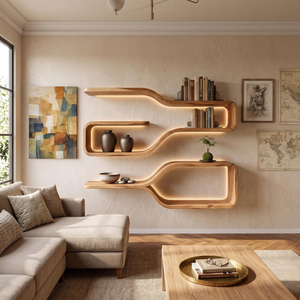 Mid Century Live Edge Wood Shelves for Dining Room