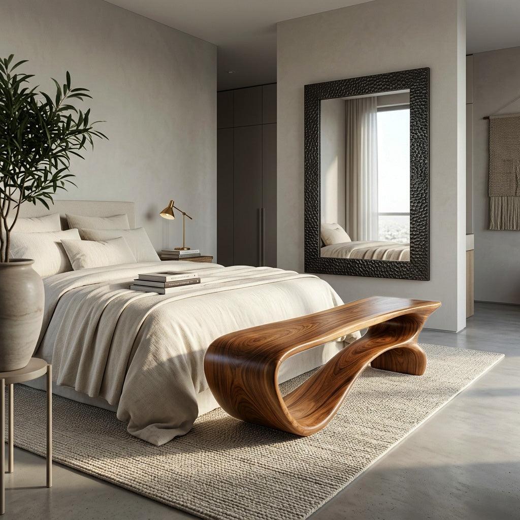 Spry Interior Minimalist Curved Natural Wood Bench, Modern Entryway Hallway Seating, Contemporary Dining Accent Bench - RTTHHNCHR142