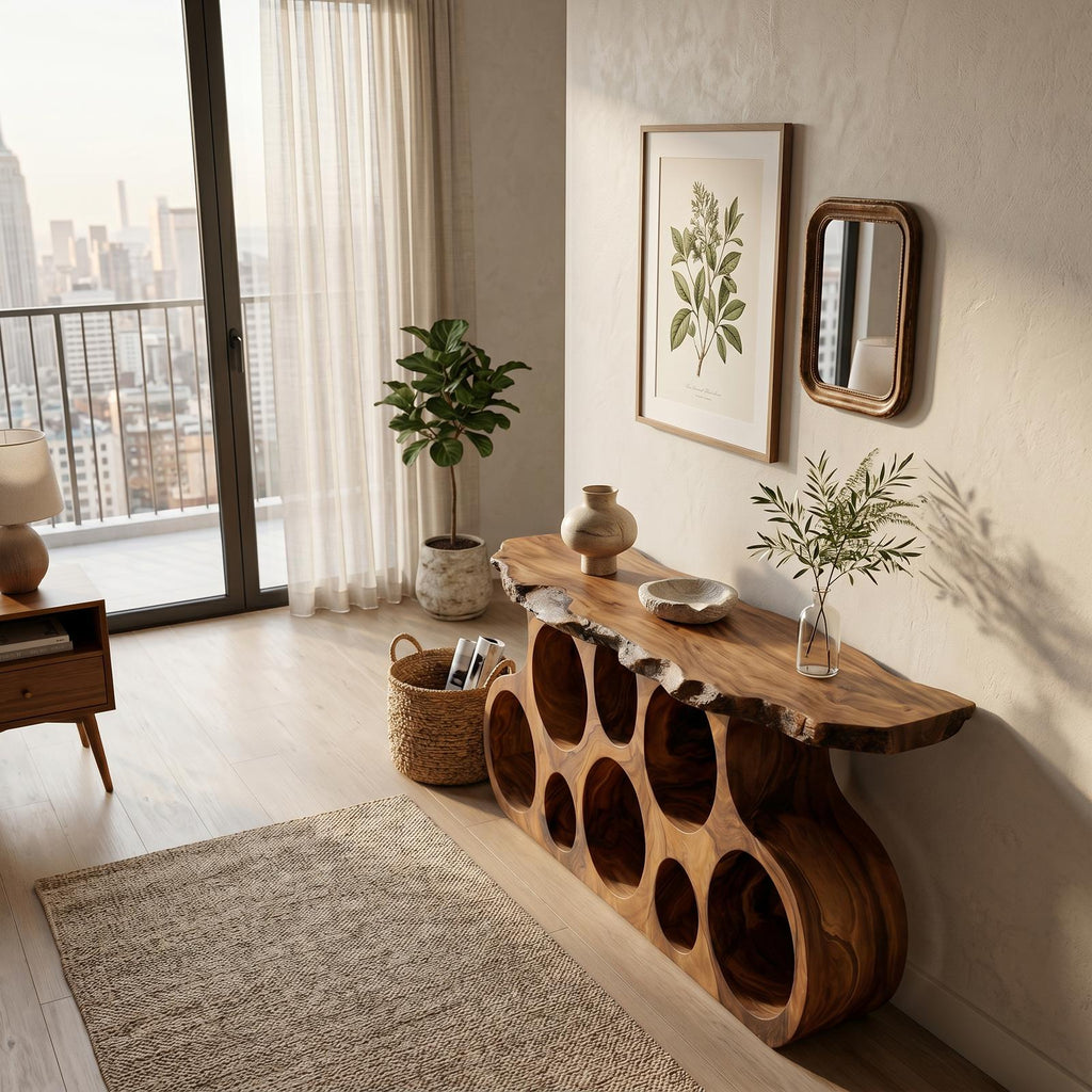 Wooden Console Table With Round Cutout Base For Living Decor