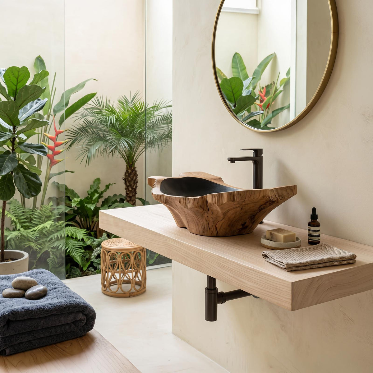 Rustic Wooden Vessel Sink For Nature-Inspired Bathroom
