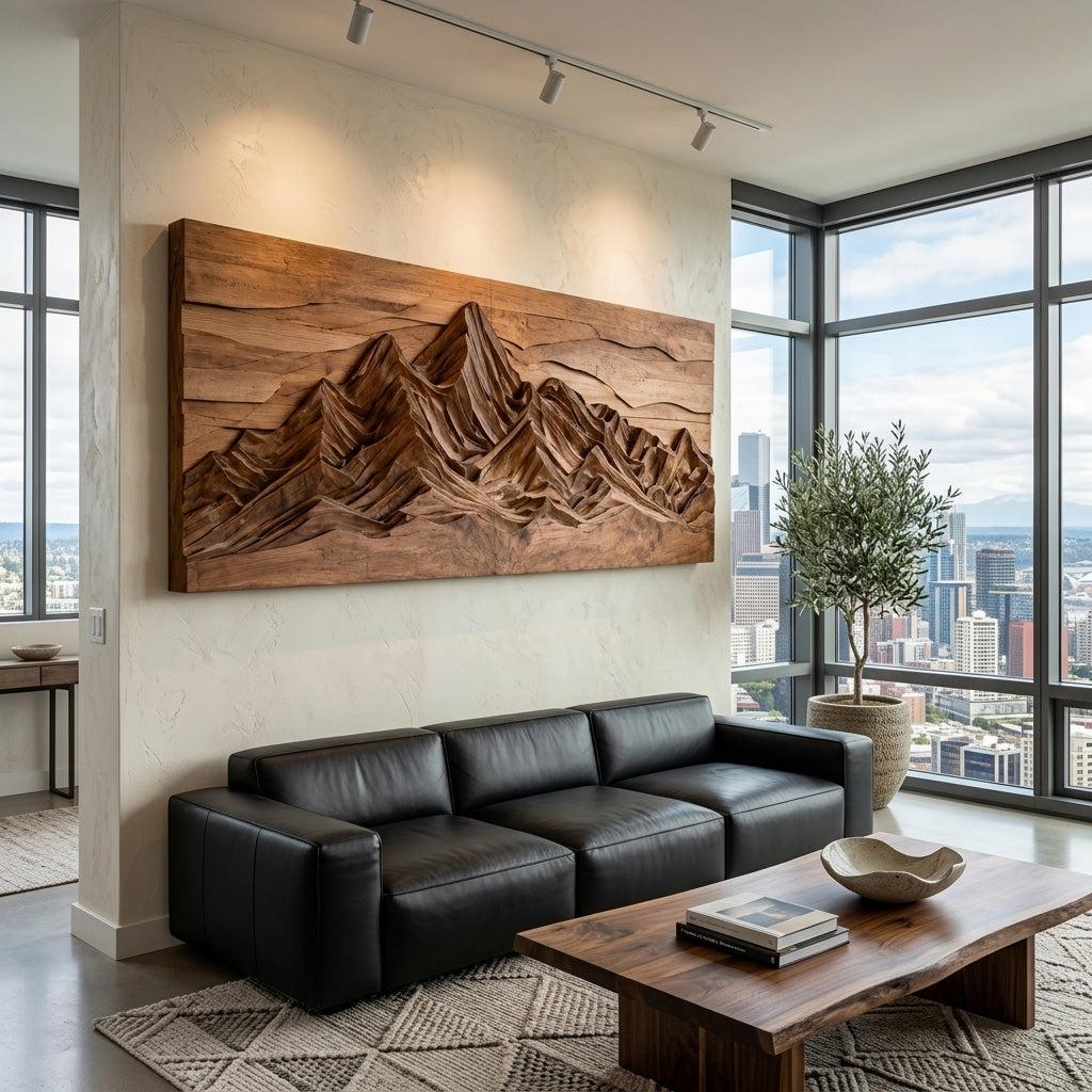 Mountain Peak Wood Wall Art, Handcrafted 3D Layered Carved Forest Wooden Panel Sculpture Sign for Holiday Decor