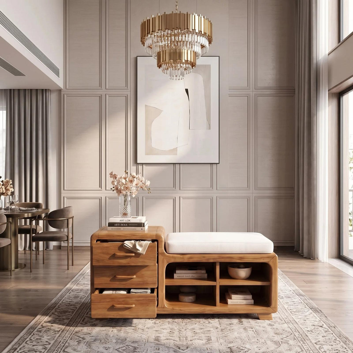 Modern Wooden Storage Bench Drawers Cushion For Bedroom Decor