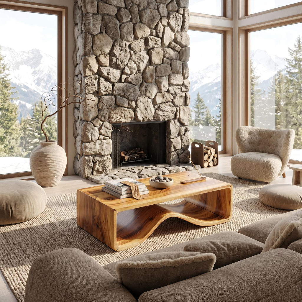 Wave Sculptural Wood Coffee Table, Modern Solid Wood Center Table for Library Lounge and Contemporary Living Room